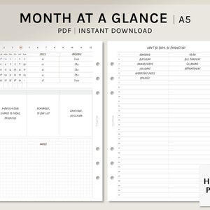Month at a glance | A5 Printable Planner Inserts | Undated MO2P Template | Blank Calendar Sheet | Monthly Checklist PDF | Digital Download