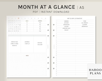 Month at a glance | A5 Printable Planner Inserts | Undated MO2P Template | Blank Calendar Sheet | Monthly Checklist PDF | Digital Download