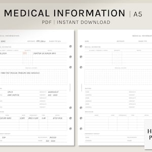 Medical Information Sheet | A5 Printable Planner Inserts | Simple Health Info Worksheet | Doctor List, Medication Log PDF | Digital Download