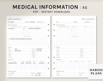 May include: A printable medical information sheet in A5 size. The sheet is divided into two columns, each with sections for personal information, allergies, medical history, doctors, medications, and emergency contact. The sheet is designed to be used as a medical record or for keeping track of important medical information.