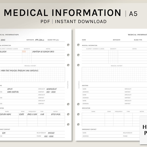 Fiche d’information médicale | A5 Inserts de planificateur imprimables | Feuille de travail d’information sur la santé simple | Liste des médecins, Journal des médicaments PDF | Téléchargement numérique