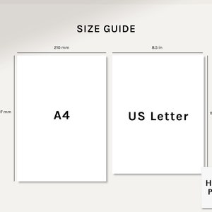 Puede incluir: Gu&iacute;a de tama&ntilde;os de papel, que muestra papel A4 que mide 210 mm por 297 mm y papel US Letter que mide 8,5 pulgadas por 11 pulgadas. El texto "HAROO PLANS" est&aacute; en la parte inferior de la imagen.