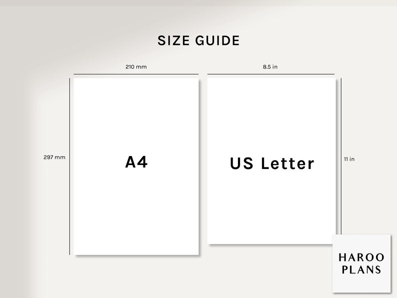Puede incluir: Gu&iacute;a de tama&ntilde;os de papel, que muestra papel A4 que mide 210 mm por 297 mm y papel US Letter que mide 8,5 pulgadas por 11 pulgadas. El texto "HAROO PLANS" est&aacute; en la parte inferior de la imagen.
