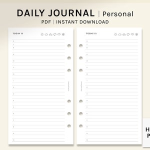Daily Journal | Personal Printable Planner Inserts | Simple Lined Diary Template | Hourly Schedule Organizer Sheet PDF | Digital Download