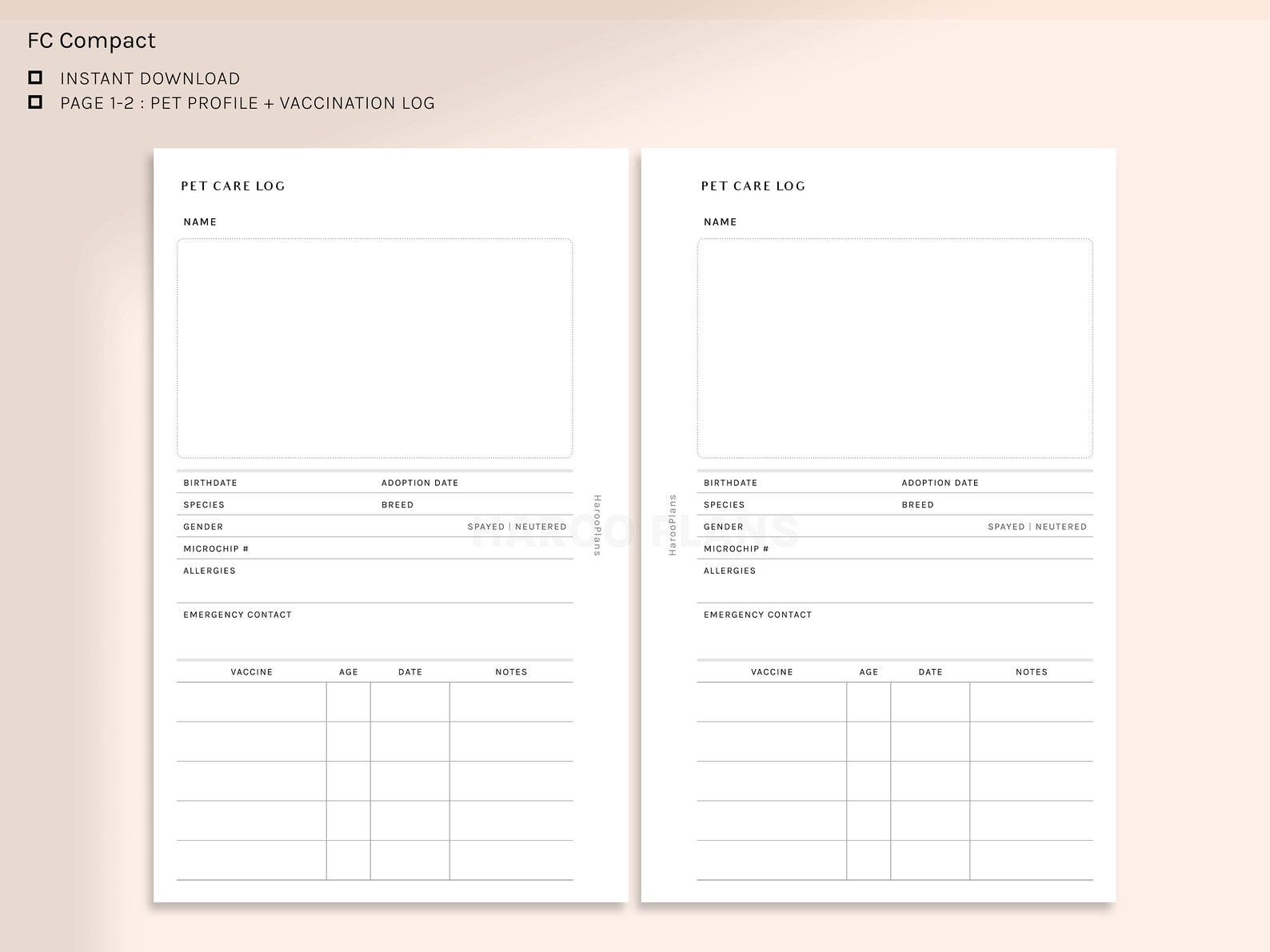 Pet Care Log | FC Compact Printable Planner Inserts | Animal Profile ...