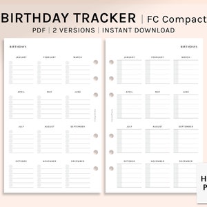 Birthday Tracker | FC Compact size Printable Planner Inserts | 2 Versions | Yearly Birthday List Calendar Sheet PDF | Digital Download