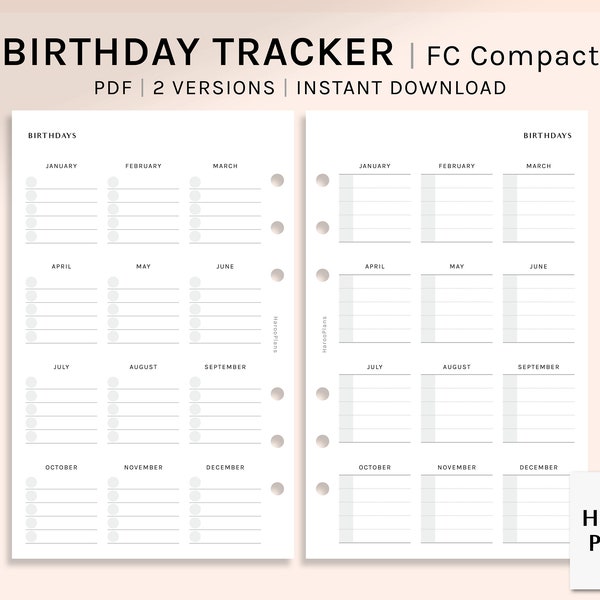 Birthday Tracker | FC Compact size Printable Planner Inserts | 2 Versions | Yearly Birthday List Calendar Sheet PDF | Digital Download