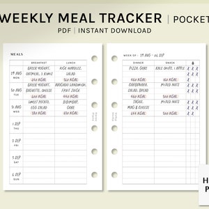 Weekly Meal Tracker | Pocket Size Printable Planner Inserts | Food Log Template PDF | Wellness Diary | Diet Plan Sheets | Digital Download