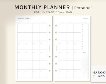 Undated Monthly Planner Printable Inserts | Personal | MO2P Template PDF | Blank Calendar | Monday,Sunday Starts | Digital Download