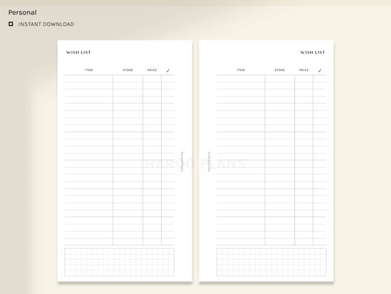Printed Personal Size Shopping Wish List Planner Refill for 