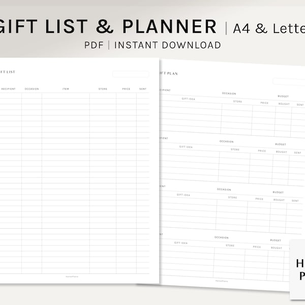 Gift Giving List | A4, US Letter Printable Planner Inserts | Gift Log Template for Holiday, Birthday | Shopping List PDF | Digital Download