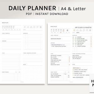 Planificador diario / A4, insertos imprimibles en tamaño carta de EE. UU. / Plantilla de horario / Lista de tareas pendientes, Registro de dinero / Hoja organizadora en formato PDF / Descarga digital