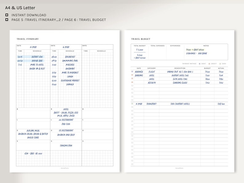 May include: A printable travel planner with a gridded itinerary section and a budget section. The itinerary section includes a date, time, and schedule column. The budget section includes a date, category, description, payment method, budget, and actual column. The text "Travel Itinerary" and "Travel Budget" are at the top of each section.