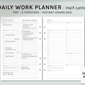 Planificador de trabajo diario / Inserciones imprimibles de media letra / Plantilla de organizador de productividad / Hoja de trabajo de diseño de horario de día / Descarga digital