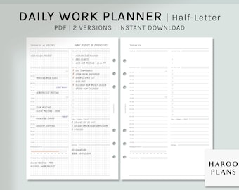 Planificador de trabajo diario / Inserciones imprimibles de media letra / Plantilla de organizador de productividad / Hoja de trabajo de diseño de horario de día / Descarga digital