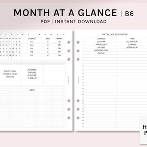 Könnte beinhalten: Ein druckbarer Monats-Planer im Format B6 mit einem Kalender, Ausgaben- und Einkommensverfolgern, einer To-Do-Liste und einem Notizbereich. Der Planer soll Ihnen helfen, organisiert und produktiv zu bleiben. Der Text auf der Seite lautet "Month at a Glance | B6" und "Don't be busy, be productive!"