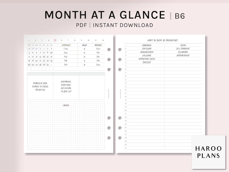 Month at a Glance | B6 Ring Printable Planner Inserts | Undated MO2P ...