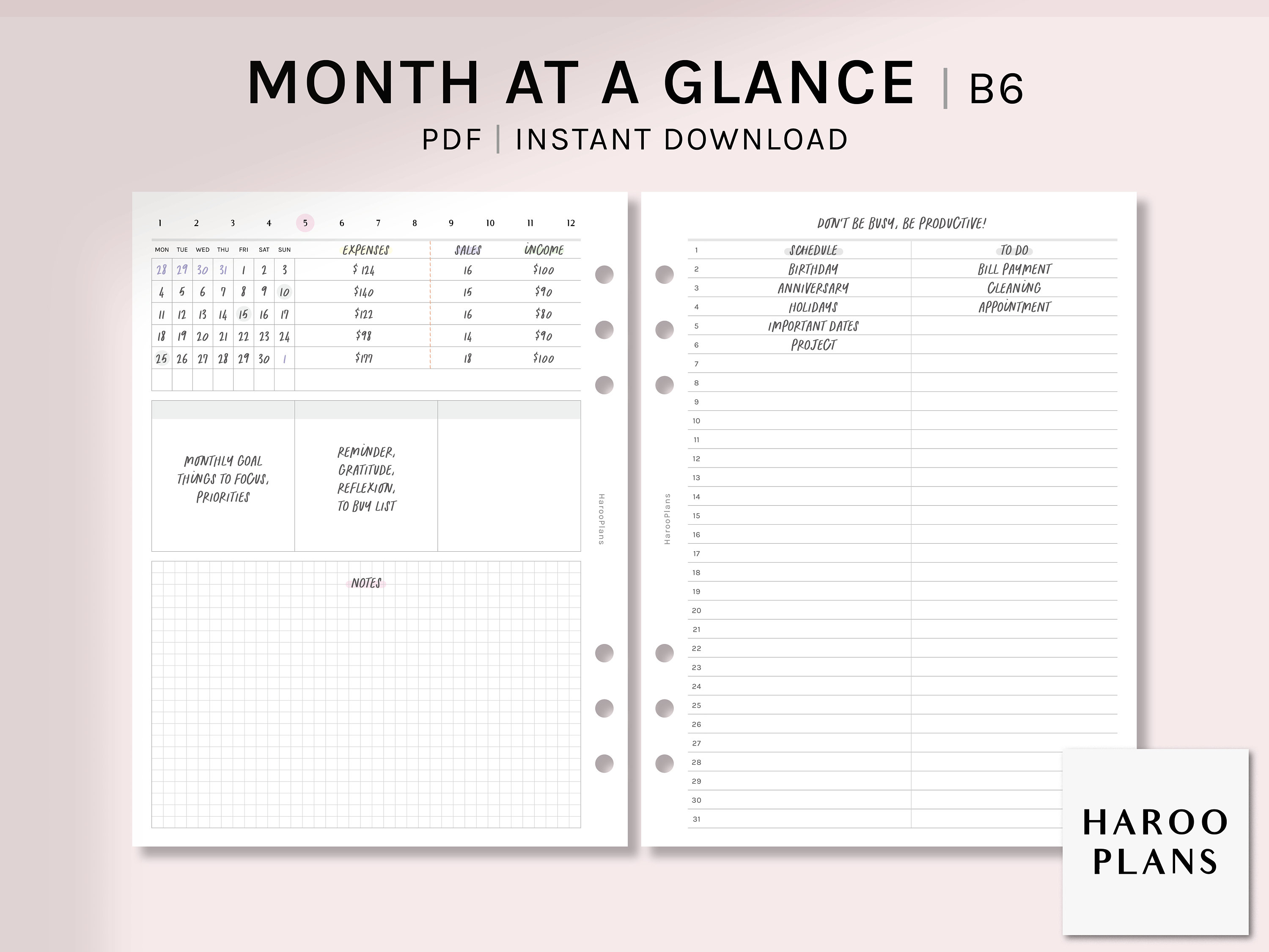 Month at a Glance | B6 Ring Printable Planner Inserts | Undated MO2P ...