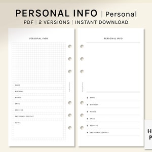 Personal Information Page | Personal Size | Personal Data Sheet Printable Planner Inserts | Contact Info Layout | Digital Download
