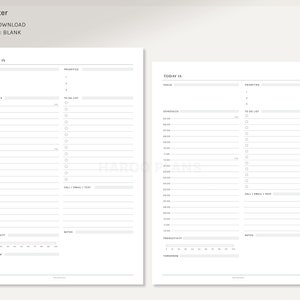 K&ouml;nnte beinhalten: Ein druckbarer Tagesplaner mit Abschnitten f&uuml;r den heutigen Fokus, Priorit&auml;ten, Zeitplan, To-Do-Liste, Anrufe/E-Mails/SMS, Produktivit&auml;t und Notizen. Der Planer ist f&uuml;r die Formate A4 und US Letter konzipiert.