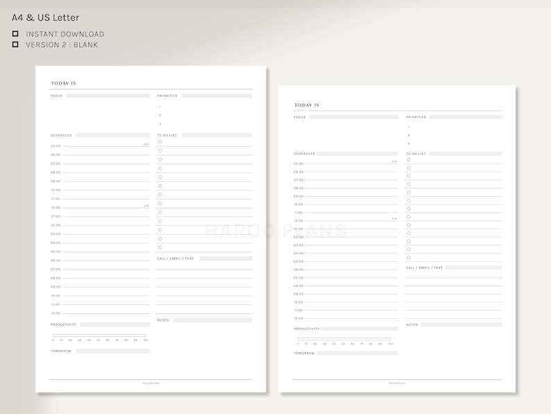 K&ouml;nnte beinhalten: Ein druckbarer Tagesplaner mit Abschnitten f&uuml;r den heutigen Fokus, Priorit&auml;ten, Zeitplan, To-Do-Liste, Anrufe/E-Mails/SMS, Produktivit&auml;t und Notizen. Der Planer ist f&uuml;r die Formate A4 und US Letter konzipiert.