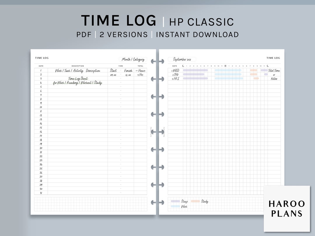 Time Log | HP Classic Printable Happy Planner Inserts | Work Activity ...
