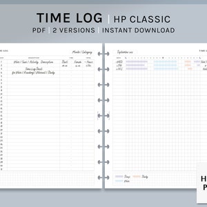 Può includere: Due pagine di un planner di registrazione del tempo stampabile in formato HP classico. La pagina sinistra contiene un elenco per registrare il tempo dedicato a compiti e attività. La pagina destra è una griglia per tenere traccia del tempo dedicato a diverse attività durante il mese. Il testo "TIME LOG" appare nella parte superiore di entrambe le pagine.