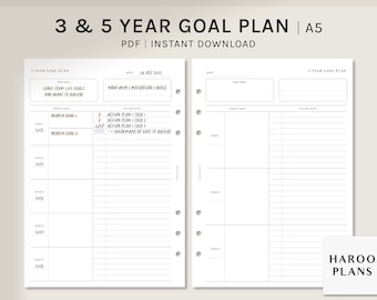 3 and 5 Year Goal Planner | A5 Printable Inserts | Life Goal Action Plan Template | Yearly Goal Setting Organizer PDF | Digital Download