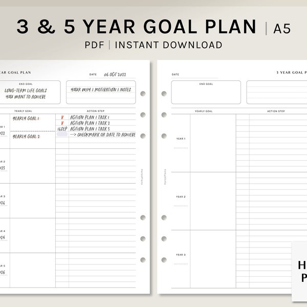 Planificateur d’objectifs de 3 et 5 ans | A5 Inserts imprimables | Modèle de plan d’action pour les objectifs de vie | Organisateur annuel d’objectifs PDF | Téléchargement numérique
