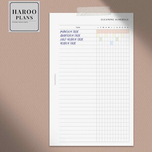 May include: A printable cleaning schedule planner with a grid for each month of the year. The planner includes sections for monthly, quarterly, half-yearly, and yearly tasks. The planner is designed for use with a portable planner.