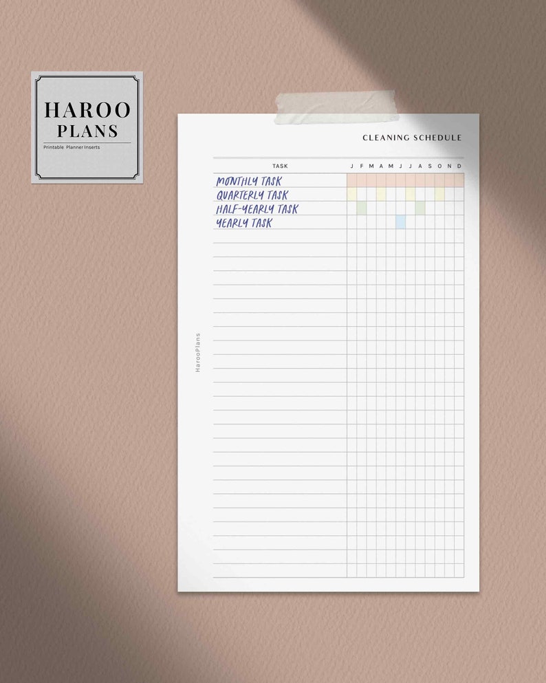 May include: A printable cleaning schedule planner with a grid for each month of the year. The planner includes sections for monthly, quarterly, half-yearly, and yearly tasks. The planner is designed for use with a portable planner.