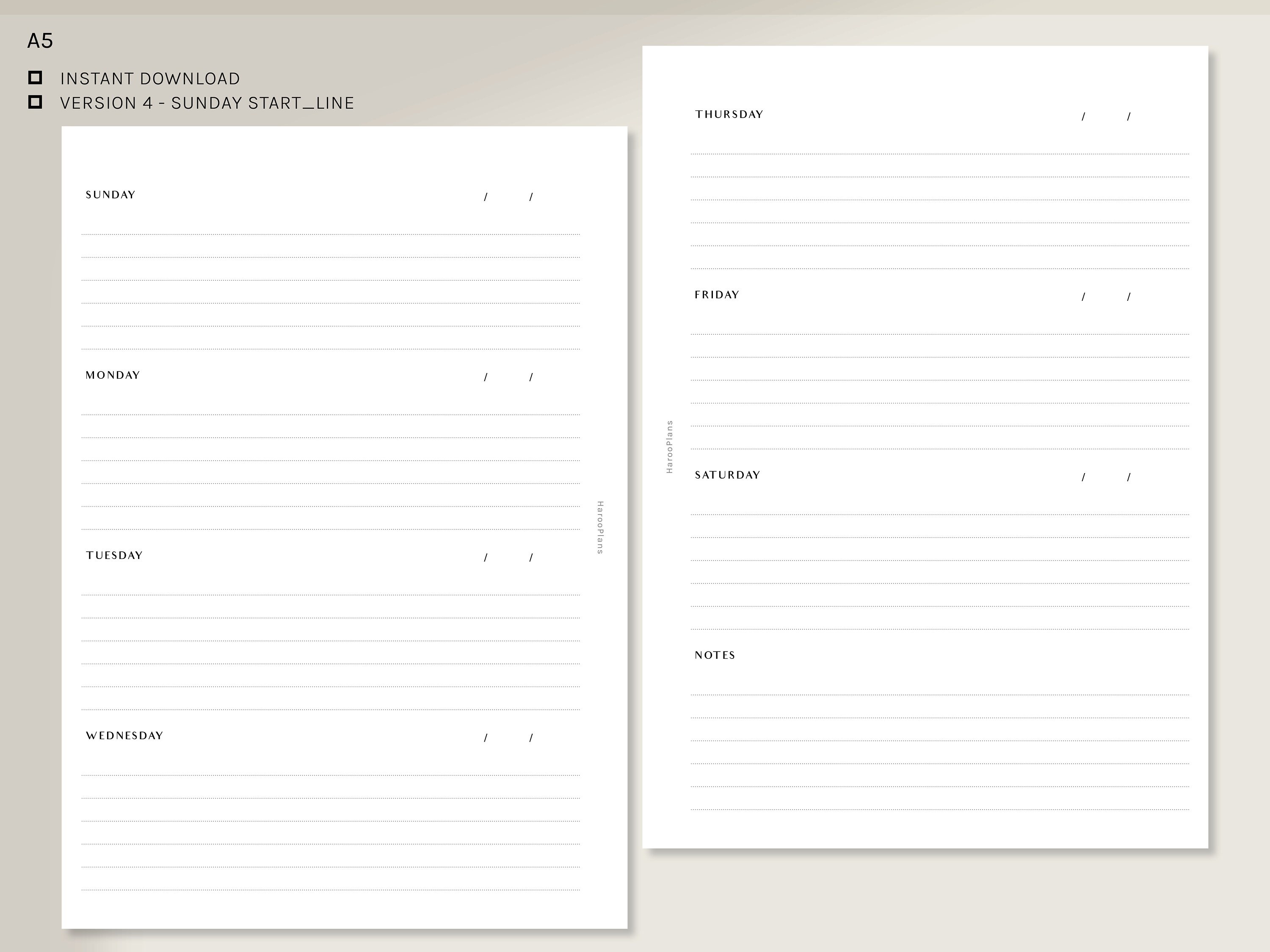 Simple Weekly | A5 | Printable Planner Inserts | Undated WO2P Template ...