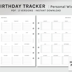 Birthday Tracker | Personal Wide Printable Planner Inserts | YO1P Birthday List Sheet | Yearly Important Dates PDF | Digital Download