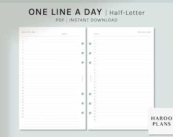 One Line A Day | Half-Letter Printable Planner Inserts | Daily Diary Template | One Sentence Journal PDF | Digital Download