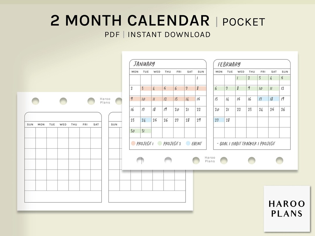 2 Month Calendar Pocket Size Printable Planner Inserts Two Months on 1 ...