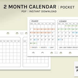 May include: A printable two-month calendar in PDF format. The calendar is designed for a pocket-sized planner and includes January and February. The calendar has a simple design with black lines and white boxes. The days of the week are labeled at the top of each column. The numbers for each day are printed in black. The calendar also includes a section for project tracking and a section for goal or habit tracking.