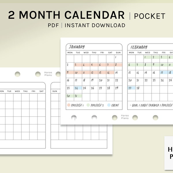 2 Month Calendar | Pocket size Printable Planner Inserts | Two Months on 1 Page Template | Monthly PDF | Horizontal | Digital Download