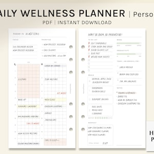 Op de afbeelding: Een printbare dagelijkse wellnessplanner met een roze en wit raster voor planning en een to-do-lijst. De planner bevat secties voor focus, prioriteiten, maaltijden, training en notities. De tekst "Wees niet druk, wees productief!" staat bovenaan de pagina.