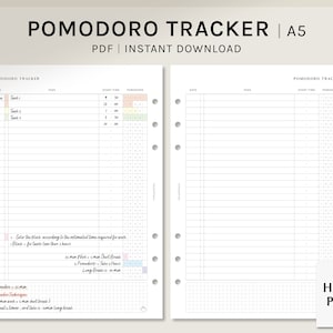 Pode incluir: Um rastreador Pomodoro A5 imprimível em PDF com um layout de grade para gerenciamento de tempo. A página inclui seções para data, tarefa, hora de início e intervalos Pomodoro. O texto "POMODORO TRACKER" e "PDF | DOWNLOAD INSTANTÂNEO" está no topo.