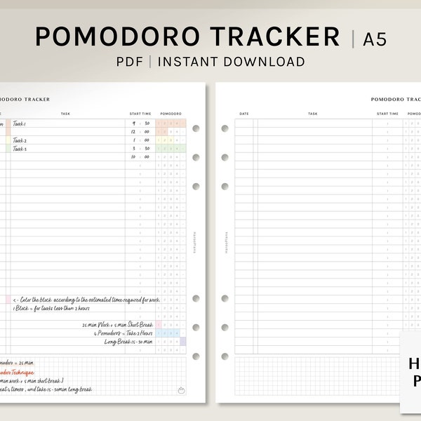 Pomodoro Tracker | A5 Printable Planner Inserts | Time Management Template | Productivity Organizer | for Study, Work PDF | Digital Download