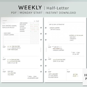 Simple Weekly / Half-letter Printable Planner Inserts / Plantilla de seguimiento de tareas WO2P sin fecha / Hoja de organizador de semana PDF / Descarga digital