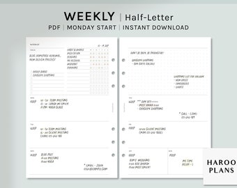 Simple Weekly | Half-letter Printable Planner Inserts | Undated WO2P Task Tracker Template | Week Organizer Sheet PDF | Digital Download