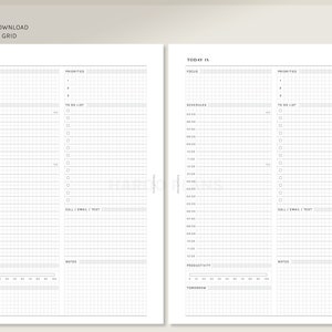 May include: A black and white printable daily planner with a grid layout. The planner is divided into two columns, one for schedule and one for to-do list. The planner includes sections for focus, priorities, notes, and productivity.