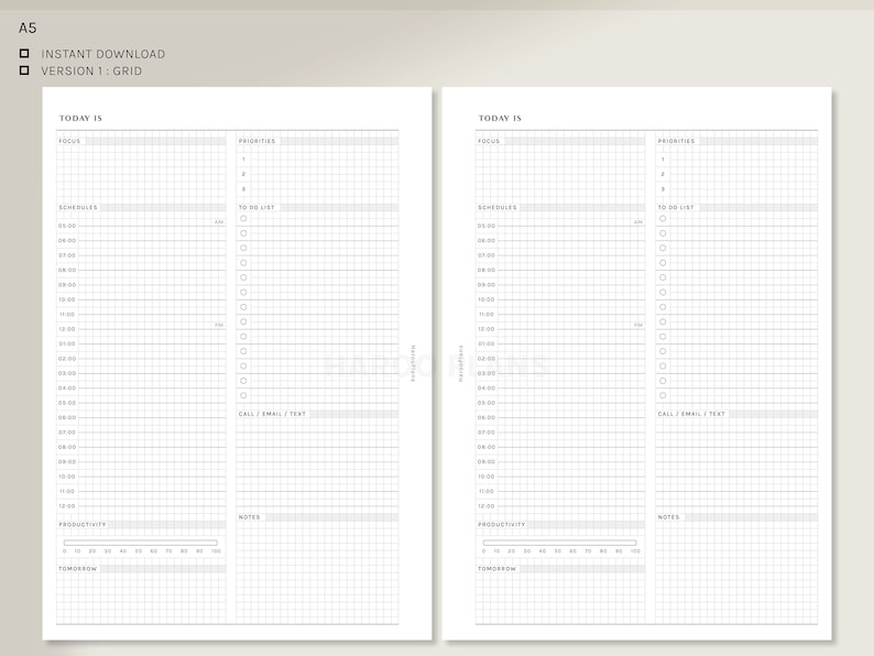 May include: A black and white printable daily planner with a grid layout. The planner is divided into two columns, one for schedule and one for to-do list. The planner includes sections for focus, priorities, notes, and productivity.