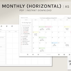 Monthly Planner | A5 Printable Planner Inserts | MO1P Horizontal Layout Template | Undated Blank Calendar Sheet PDF | Digital Download