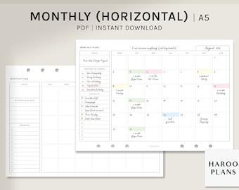 Monthly Planner | A5 Printable Planner Inserts | MO1P Horizontal Layout Template | Undated Blank Calendar Sheet PDF | Digital Download