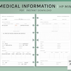 Könnte beinhalten: Ein druckbares medizinisches Informationsblatt für einen HP Mini-Planer. Das Blatt enthält Abschnitte für Name, Geburtsdatum, Blutgruppe, Allergien, chronische Krankheiten, Krankengeschichte, Ärzte, Medikamente und Notfallkontakte.