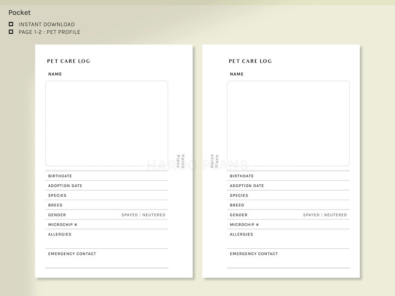 May include: Two printable pet care log pages with a white background and black text. The pages include sections for the pet's name, birthdate, adoption date, species, breed, gender, microchip number, allergies, emergency contact, and whether the pet is spayed or neutered.