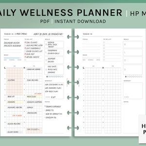 Puede incluir: Un planificador de bienestar diario en blanco y negro para HP Mini. El planificador incluye secciones para listas de tareas diarias, comidas, seguimiento del estado de ánimo, sueño y registros de entrenamiento. El planificador también incluye una sección para el seguimiento de gastos y una sección para llevar un diario.