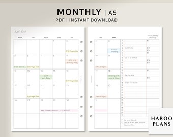 Undated Monthly Planner | A5 Printable Planner Inserts | MO2P Layout Template | Blank Calendar with Notes | Digital Download